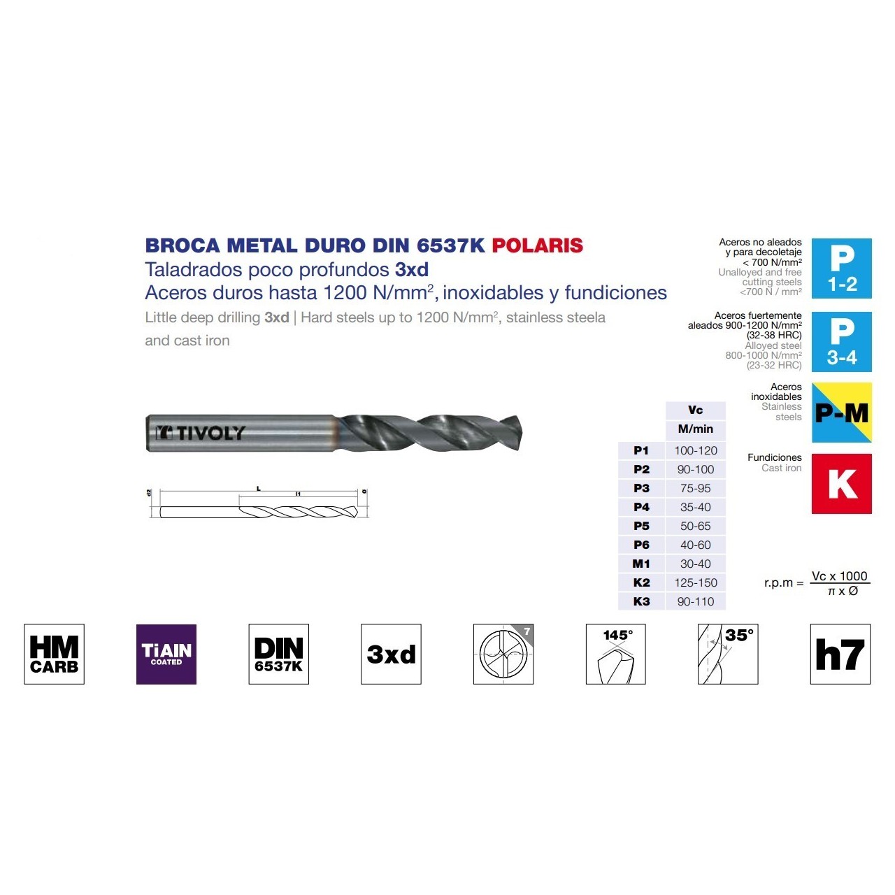 Broca DIN-6537K TiALN POLARIS 3XD metal duro