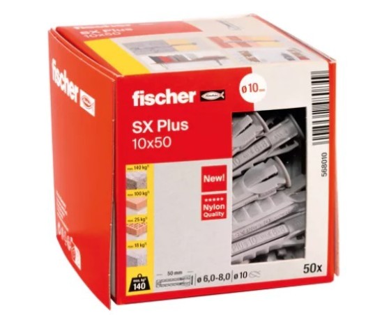 Fischer 50 tacos SX Plus con tornillo de 8 x 40 mm para pared completa,  ladrillo perforado, mampostería, hormigón, para la fijación de lámparas,  muebles, colgantes, estantes, 567622 : : Bricolaje y herramientas
