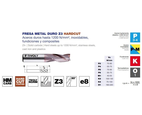 Fresa metal duro HM E8 Hardcut Z3 Fresa metal duro HM E8 Hardcut Z3