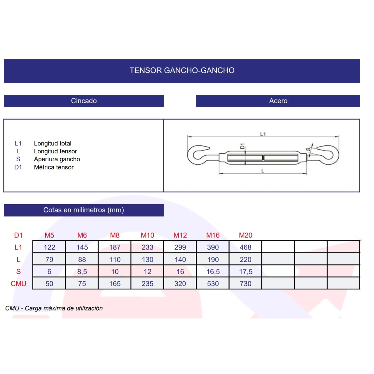 Tensor DIN-1480 gancho-gancho cincado