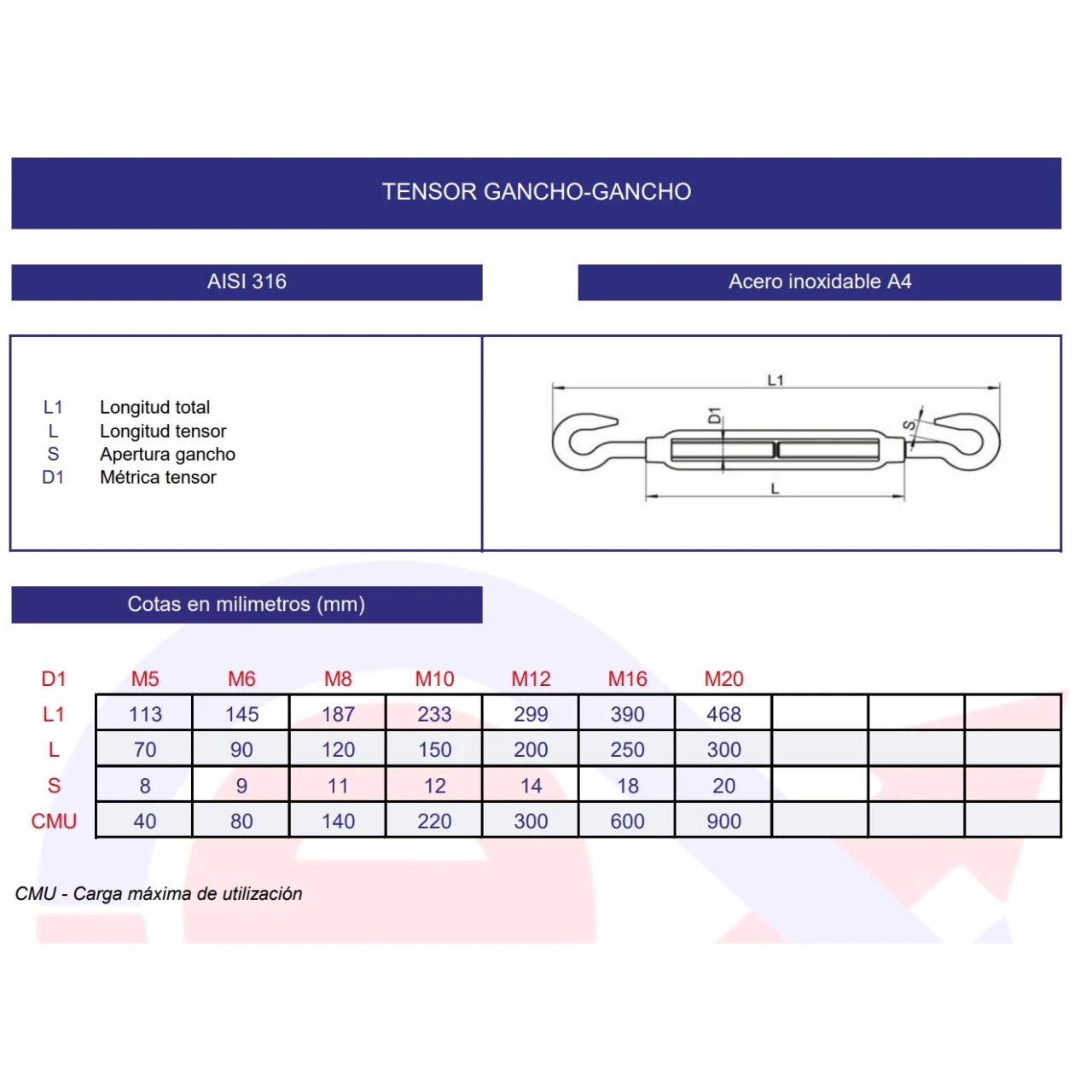 Tensor DIN-1480 gancho-gancho inoxidable A4