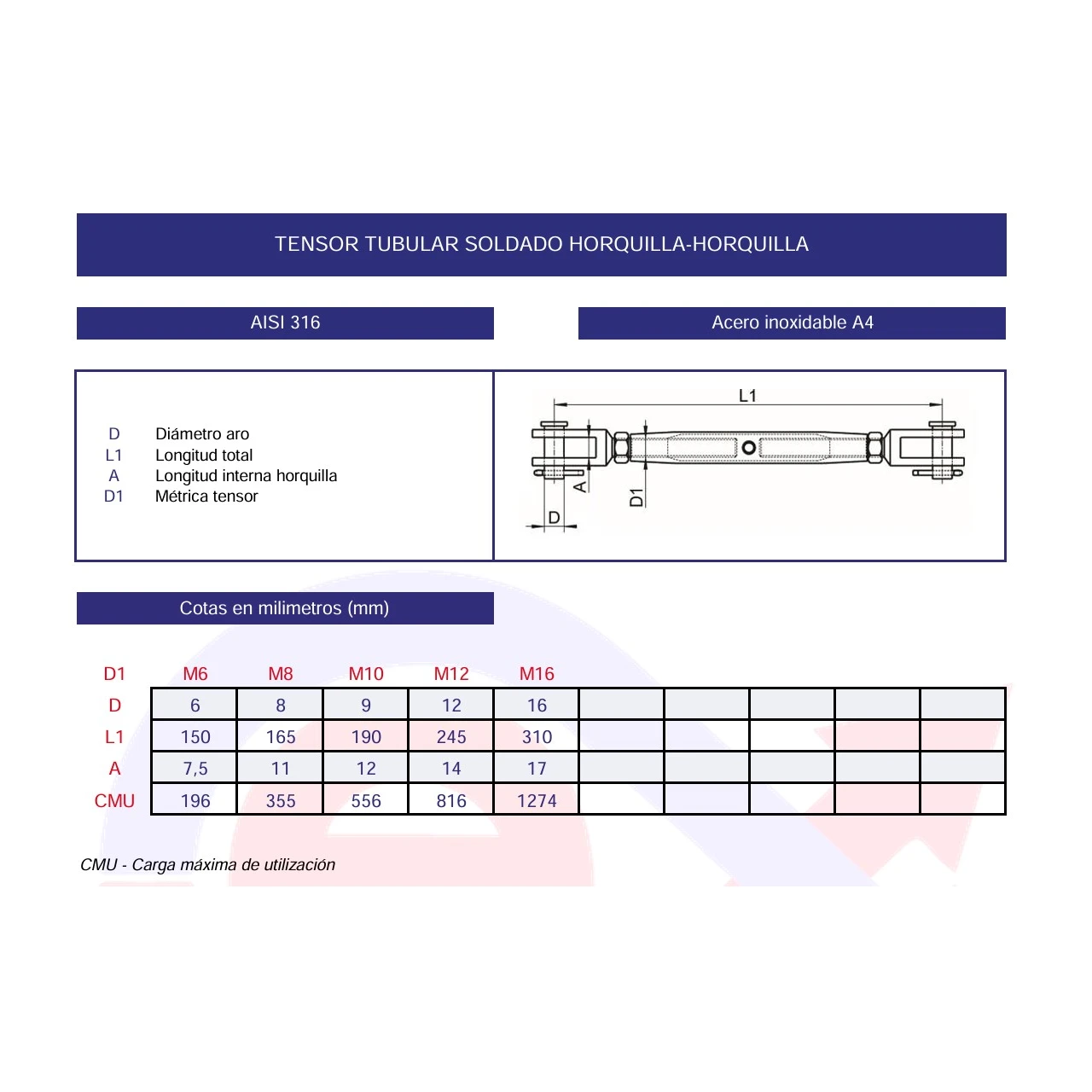 Tensor tubular horquilla-horquilla inoxidable A4