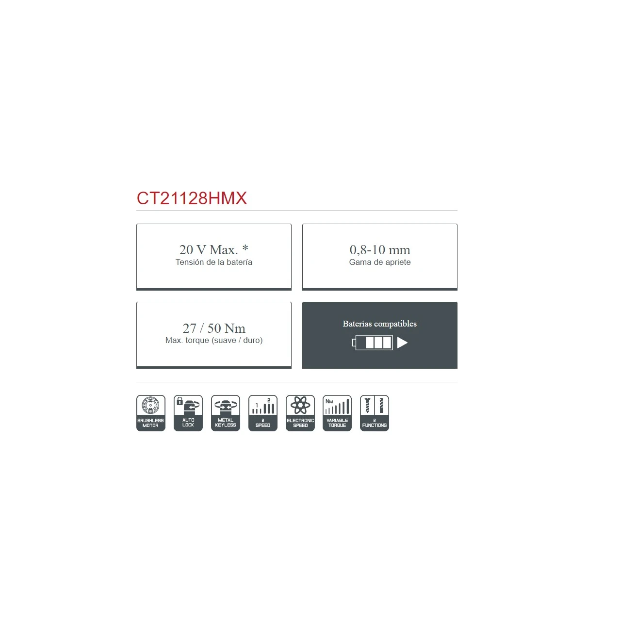 Taladro atornillador batería ultracompacto Crown 20V 50Nm