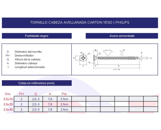 Tornillo avellanado fosfatado pladur