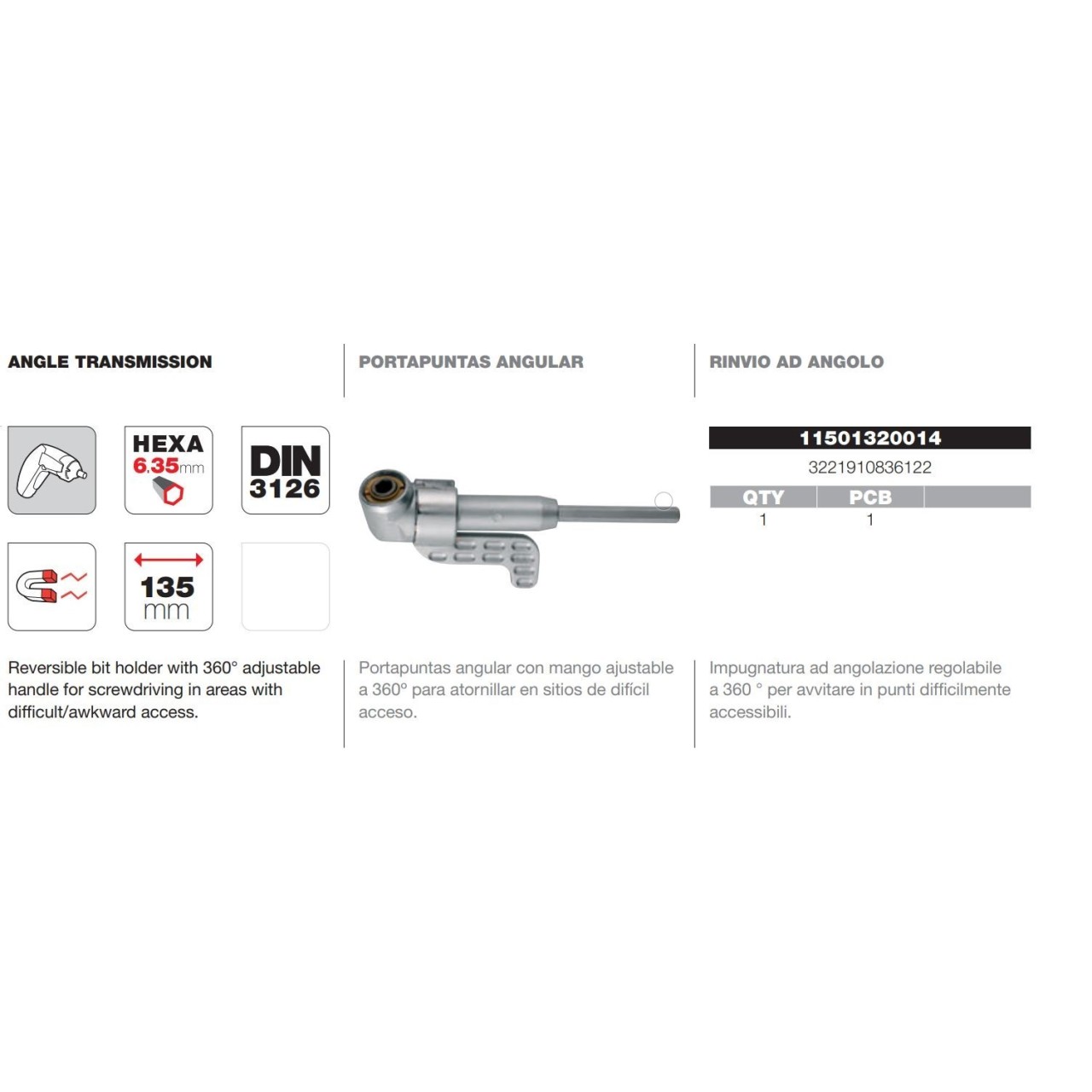 Adaptador puntas 1/4" angular 360º Tivoly
