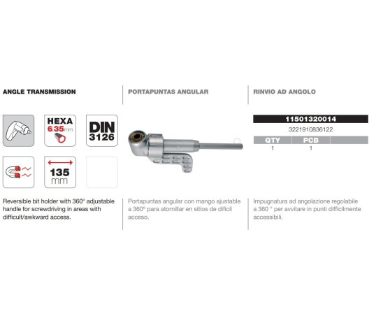 Adaptador puntas 1/4" angular 360º Tivoly