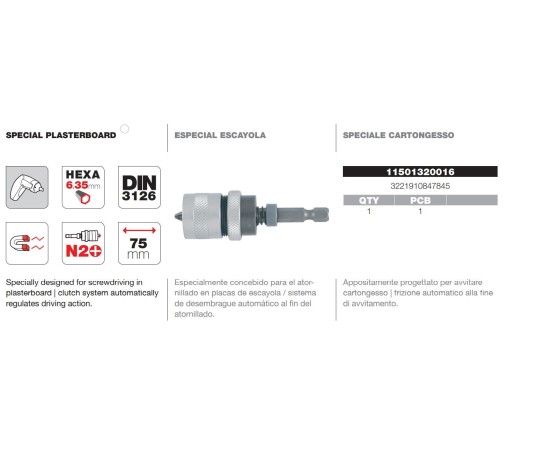 Adaptador puntas 1/4" especial escayola/pladur Tivoly